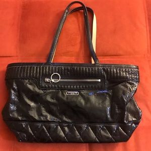 Coach black quilted patent leather tote
